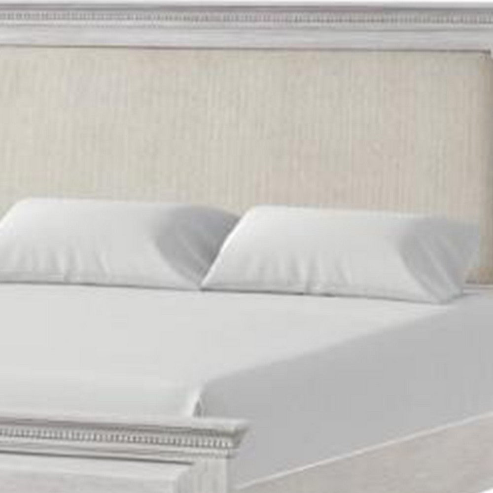 Leyne Queen Bed, Cream Upholstery, Dentil Molding Weathered Gray Wood - BM342304