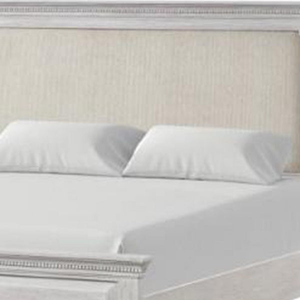 Leyne Queen Bed, Cream Upholstery, Dentil Molding Weathered Gray Wood - BM342304