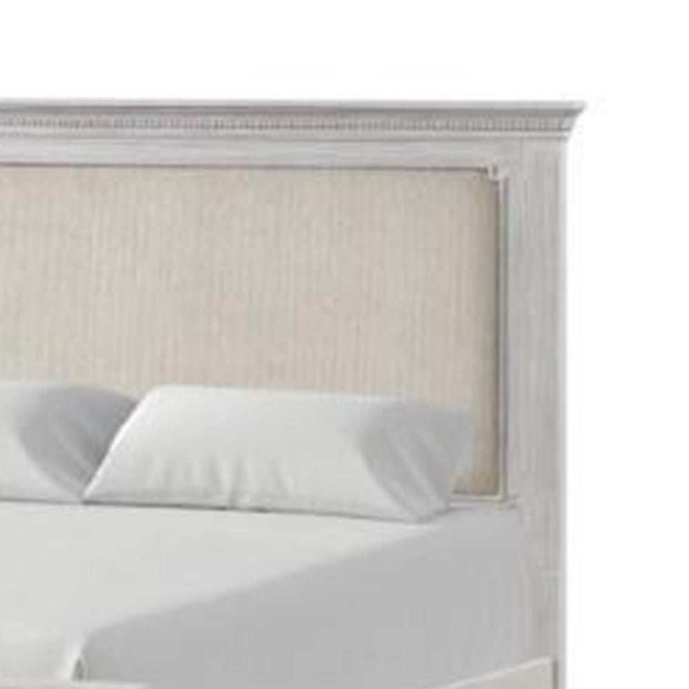 Leyne Queen Bed, Cream Upholstery, Dentil Molding Weathered Gray Wood - BM342304