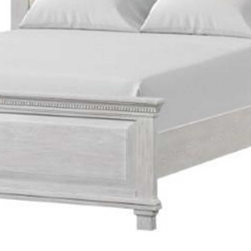 Leyne Queen Bed, Cream Upholstery, Dentil Molding Weathered Gray Wood - BM342304