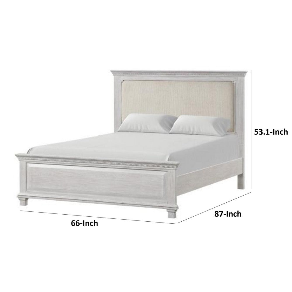 Leyne Queen Bed, Cream Upholstery, Dentil Molding Weathered Gray Wood - BM342304