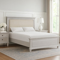 Leyne Queen Bed, Cream Upholstery, Dentil Molding Weathered Gray Wood - BM342304