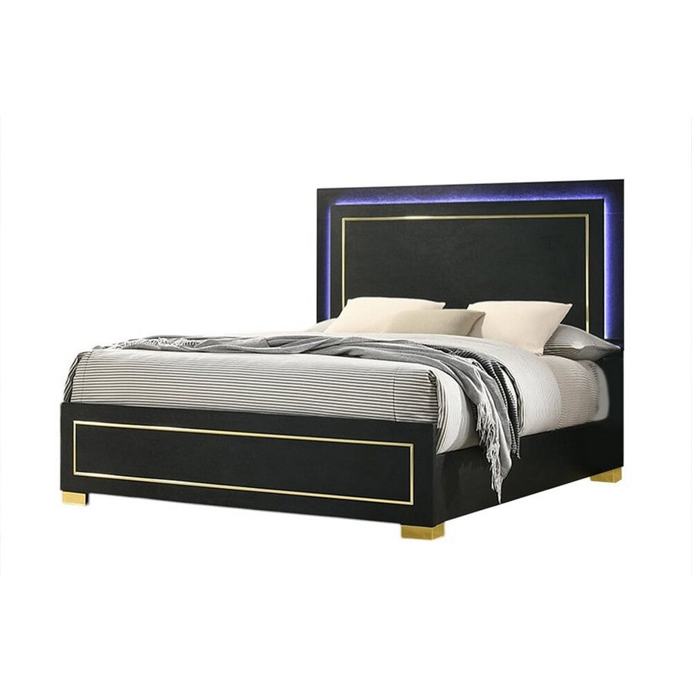 Lati Queen Bed, LED Headboard, Gold Trim and Bracket Legs, Black Wood - BM342309