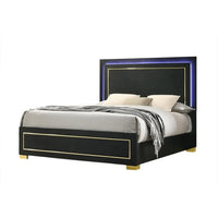 Lati Queen Bed, LED Headboard, Gold Trim and Bracket Legs, Black Wood - BM342309