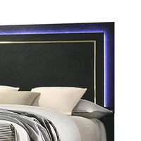 Lati Queen Bed, LED Headboard, Gold Trim and Bracket Legs, Black Wood - BM342309