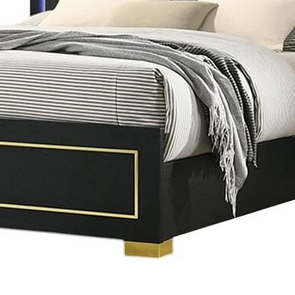 Lati Queen Bed, LED Headboard, Gold Trim and Bracket Legs, Black Wood - BM342309