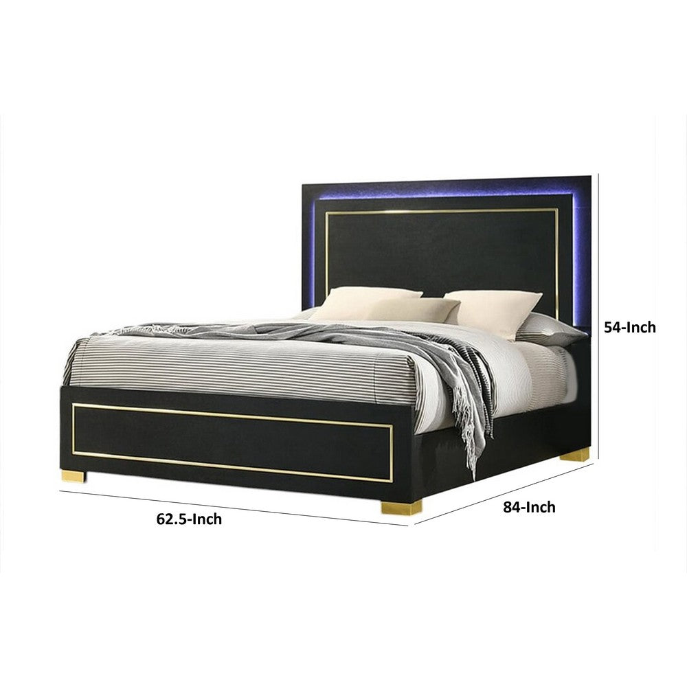 Lati Queen Bed, LED Headboard, Gold Trim and Bracket Legs, Black Wood - BM342309