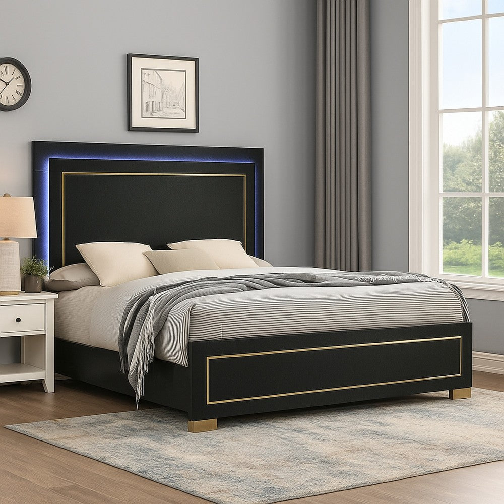 Lati Queen Bed, LED Headboard, Gold Trim and Bracket Legs, Black Wood - BM342309