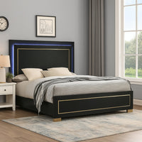 Lati Queen Bed, LED Headboard, Gold Trim and Bracket Legs, Black Wood - BM342309