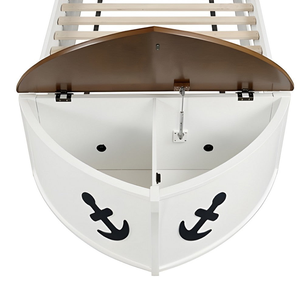 Evon Captain Twin Bed, Built-In Storage, Boat Design, White and Oak Brown - BM342318