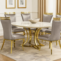 Pedy Dining Side Chair Set of 2, Gray Faux Leather, Gold Saber Legs - BM342327