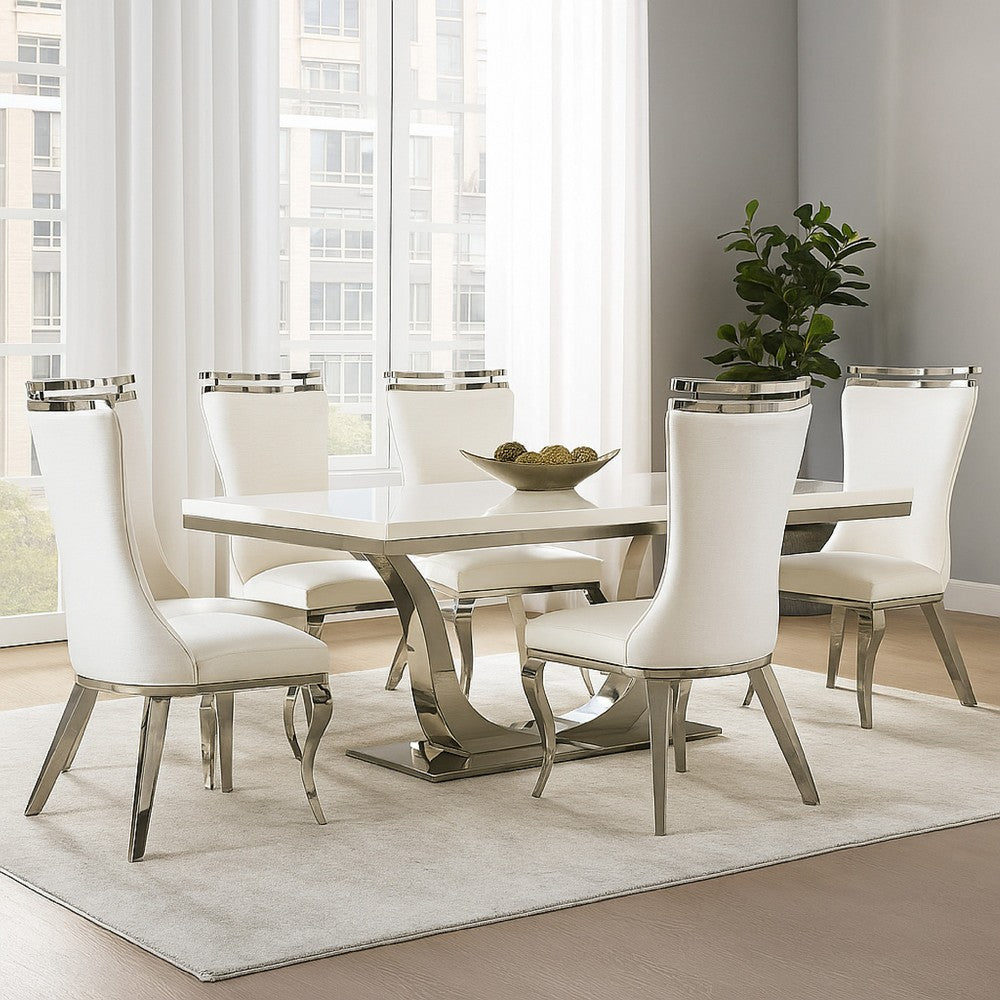 Bedy Dining Side Chair Set of 2, Textured White Velvet, Silver Saber Legs - BM342328