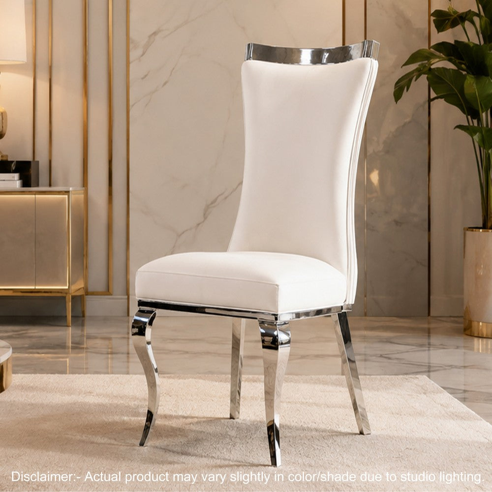 Bedy Dining Side Chair Set of 2, Textured White Velvet, Silver Saber Legs - BM342328