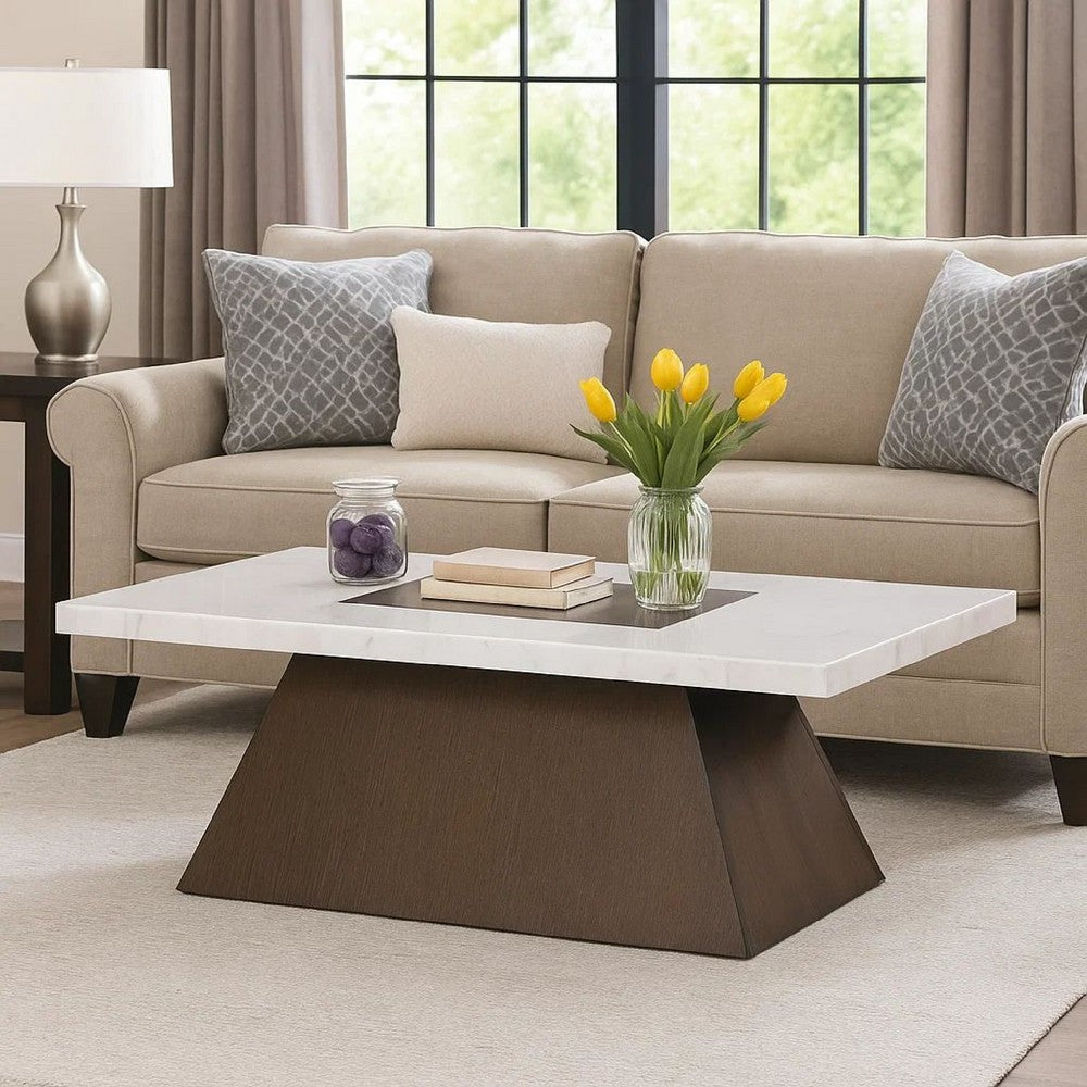 Asten Coffee Table, 48 Inch White Marble, Walnut Brown Pedestal Base - BM342333