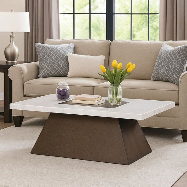 Asten Coffee Table, 48 Inch White Marble, Walnut Brown Pedestal Base - BM342333