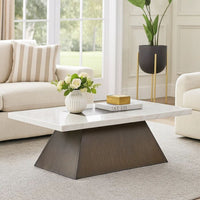 Asten Coffee Table, 48 Inch White Marble, Walnut Brown Pedestal Base - BM342333