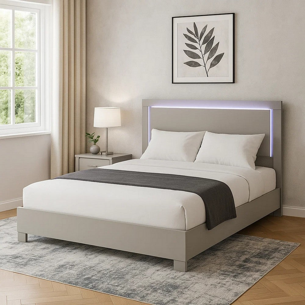 Suni King Size Bed w LED Headboard, Light Taupe Gray Wood Frame - BM342338