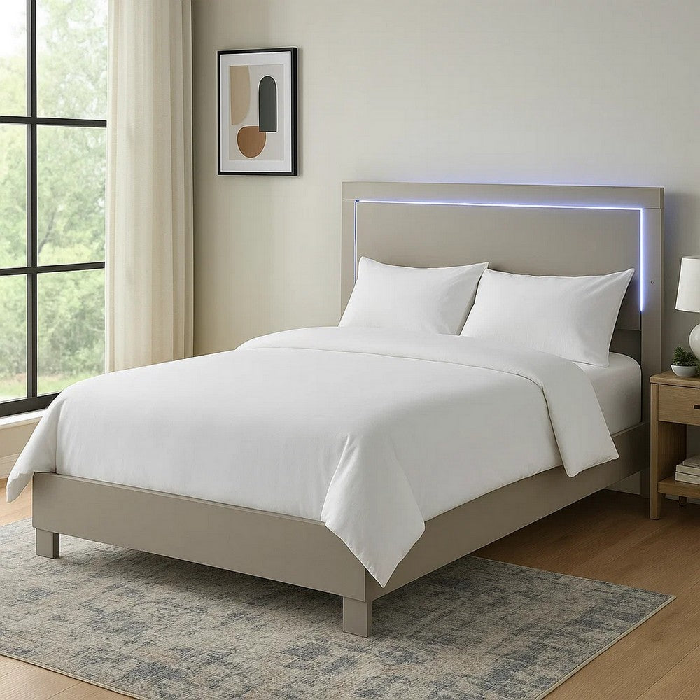 Suni King Size Bed w LED Headboard, Light Taupe Gray Wood Frame - BM342338