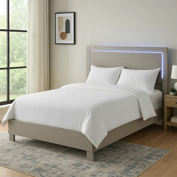 Suni King Size Bed w LED Headboard, Light Taupe Gray Wood Frame - BM342338