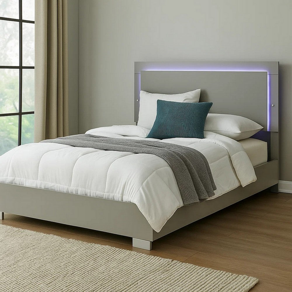 Suni Queen Size Bed w LED Headboard, Light Taupe Gray Wood Frame - BM342339