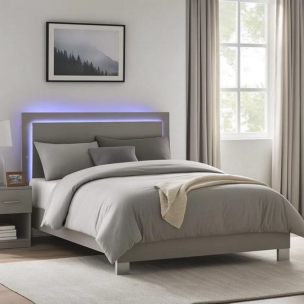Suni Queen Size Bed w LED Headboard, Light Taupe Gray Wood Frame - BM342339