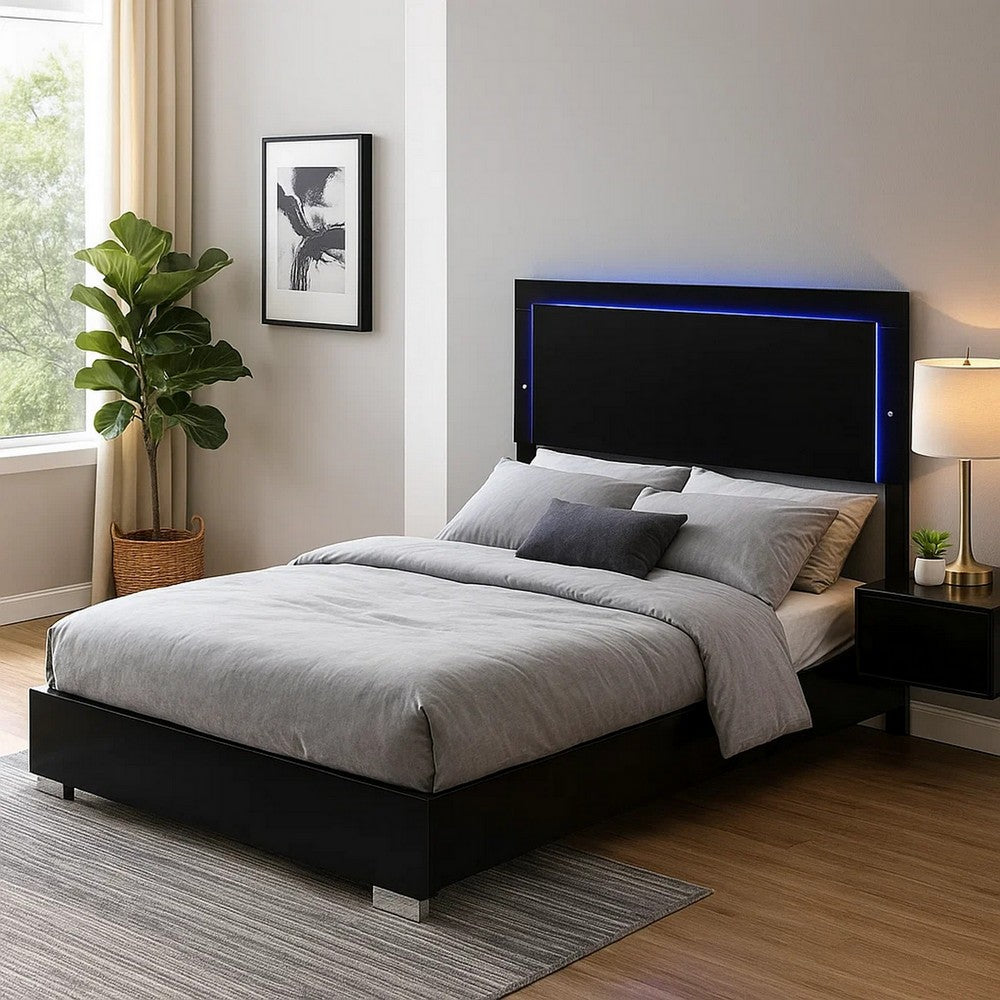 Suni King Size Bed w LED Headboard, Piano Black Wood Frame - BM342340