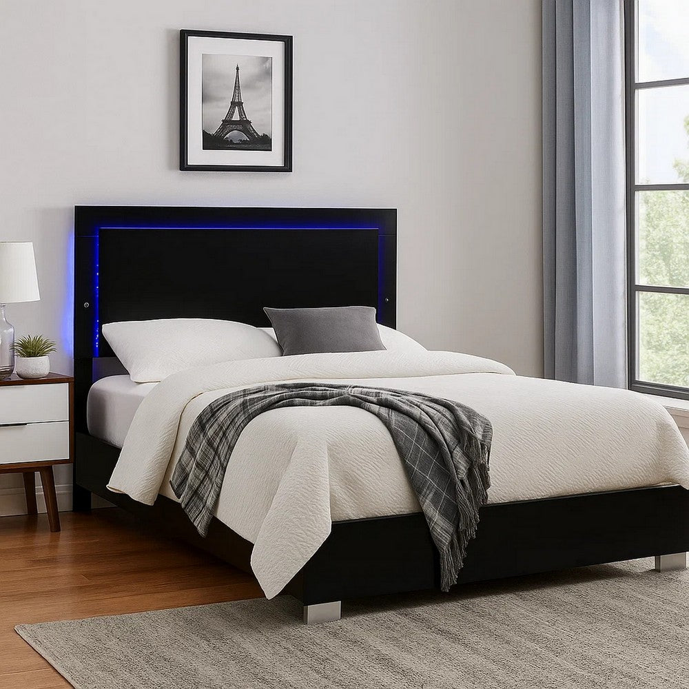 Suni King Size Bed w LED Headboard, Piano Black Wood Frame - BM342340