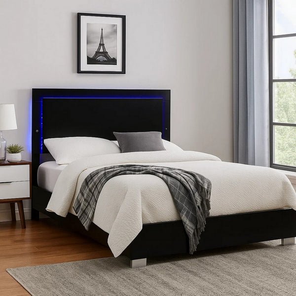 Suni King Size Bed w LED Headboard, Piano Black Wood Frame - BM342340