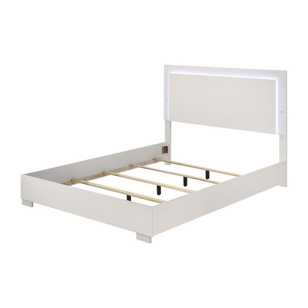 Suni Queen Size Bed w LED on Headboard, White Wood Frame, Chrome Legs - BM342342