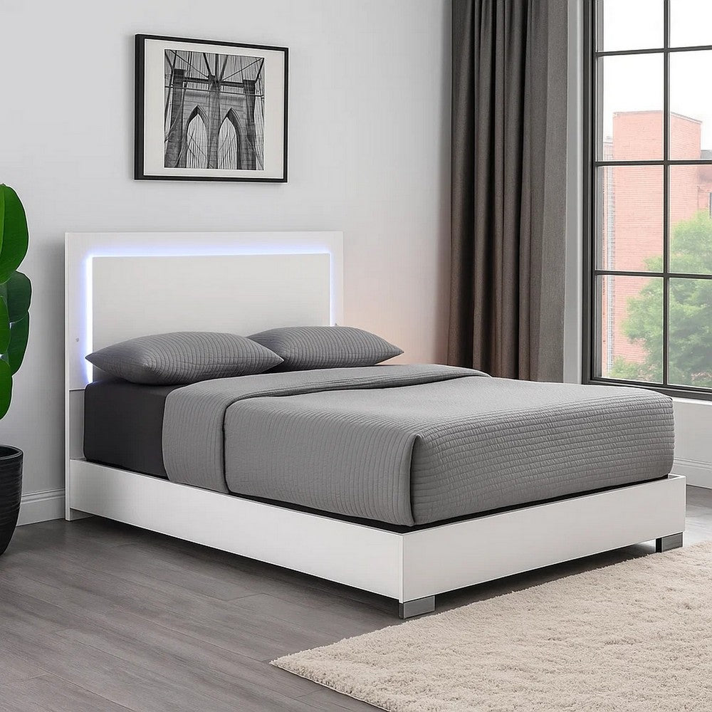 Suni Queen Size Bed w LED on Headboard, White Wood Frame, Chrome Legs - BM342342
