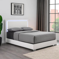 Suni Queen Size Bed w LED on Headboard, White Wood Frame, Chrome Legs - BM342342