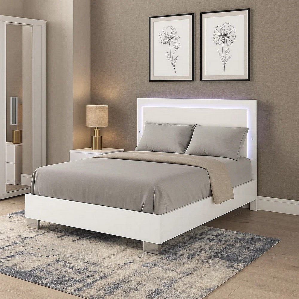 Suni Queen Size Bed w LED on Headboard, White Wood Frame, Chrome Legs - BM342342