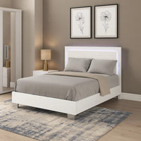 Suni Queen Size Bed w LED on Headboard, White Wood Frame, Chrome Legs - BM342342