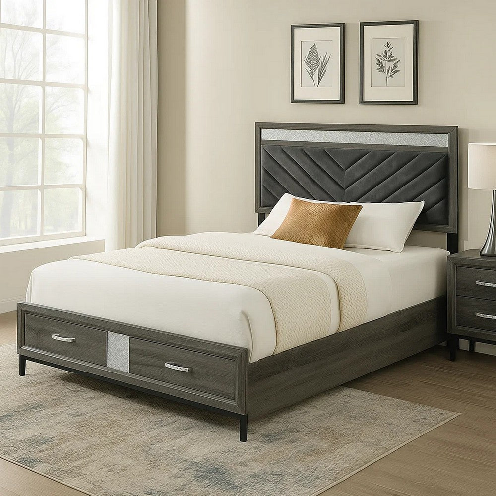 Lito Full Size Bed w Padded Headboard, 2 Footboard Drawers, Gray  - BM342343