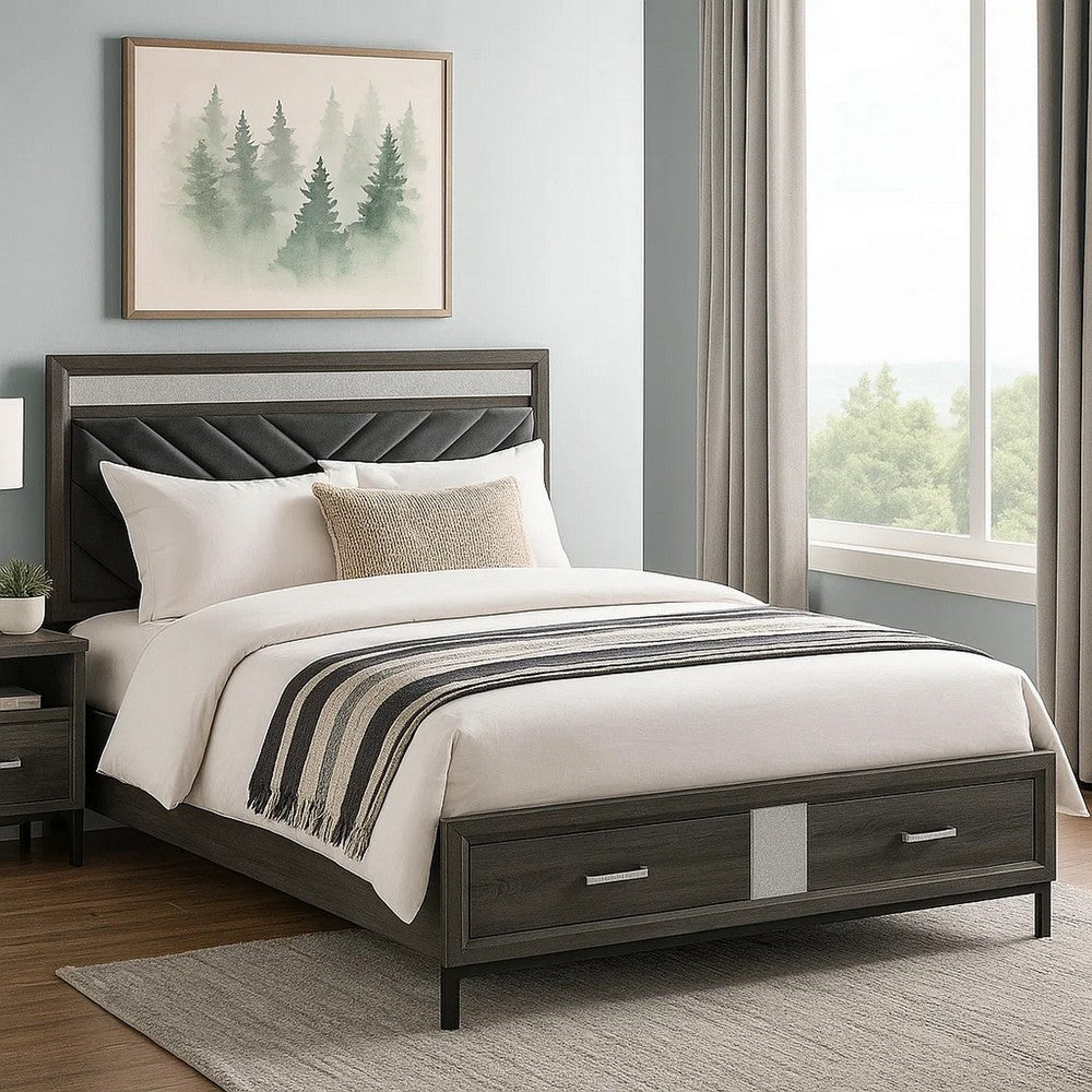 Lito Full Size Bed w Padded Headboard, 2 Footboard Drawers, Gray  - BM342343