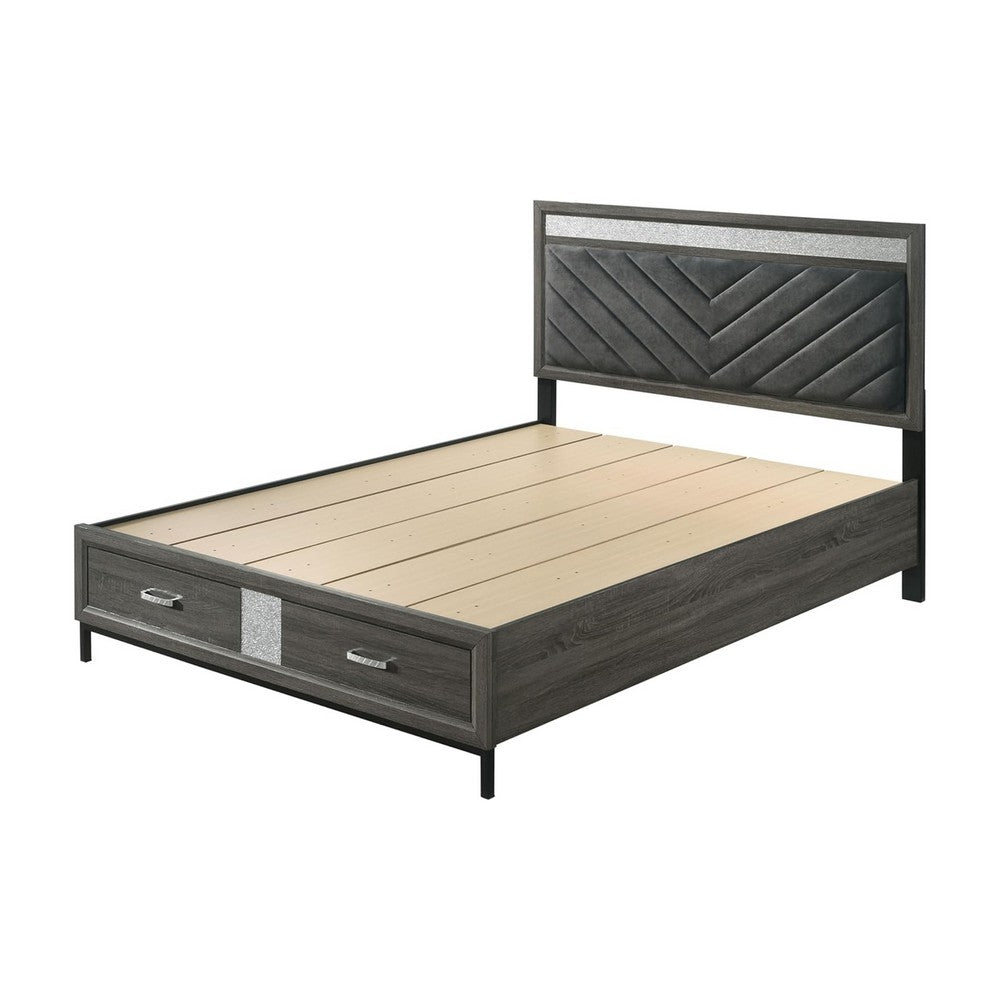 Lito Queen Size Bed w Padded Headboard, 2 Footboard Drawers, Gray  - BM342344