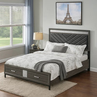 Lito Queen Size Bed w Padded Headboard, 2 Footboard Drawers, Gray  - BM342344