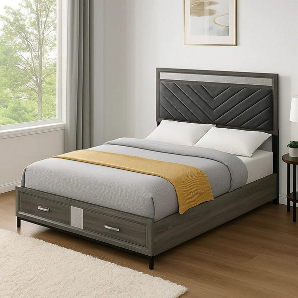 Lito Queen Size Bed w Padded Headboard, 2 Footboard Drawers, Gray  - BM342344