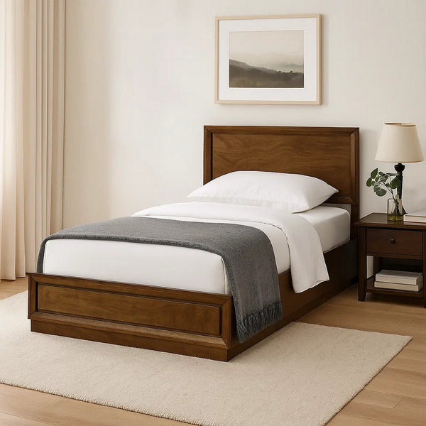 Rouk Twin Size Bed w Panel Headboard, Walnut Brown Okume Veneer - BM342347