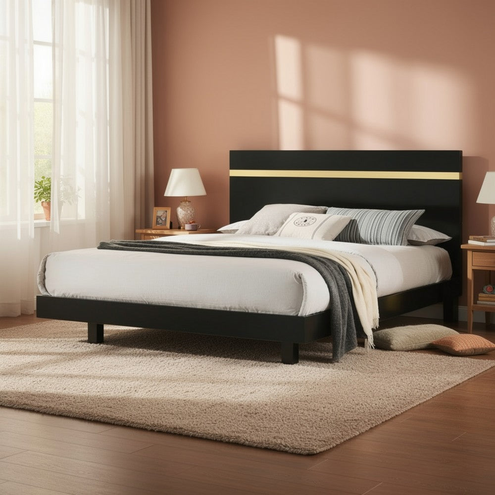 Yoki Full Size Bed w Underbed LED, Acrylic Gold Trim, Black Frame - BM342349