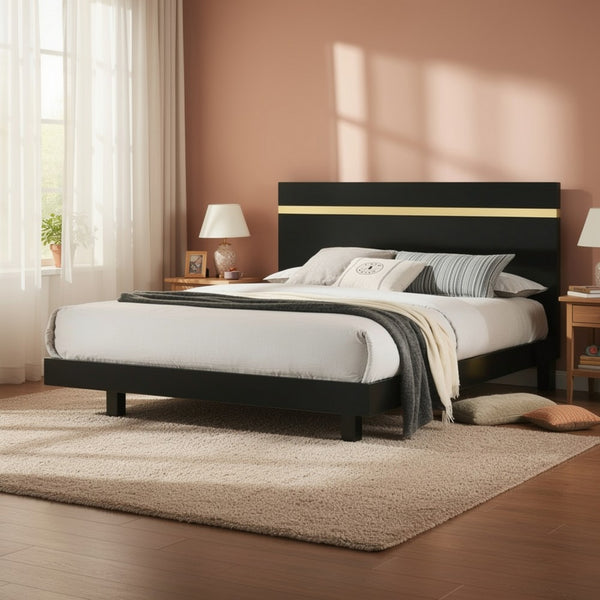 Yoki Full Size Bed w Underbed LED, Acrylic Gold Trim, Black Frame - BM342349