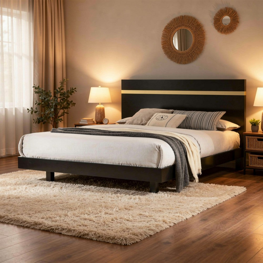 Yoki Full Size Bed w Underbed LED, Acrylic Gold Trim, Black Frame - BM342349