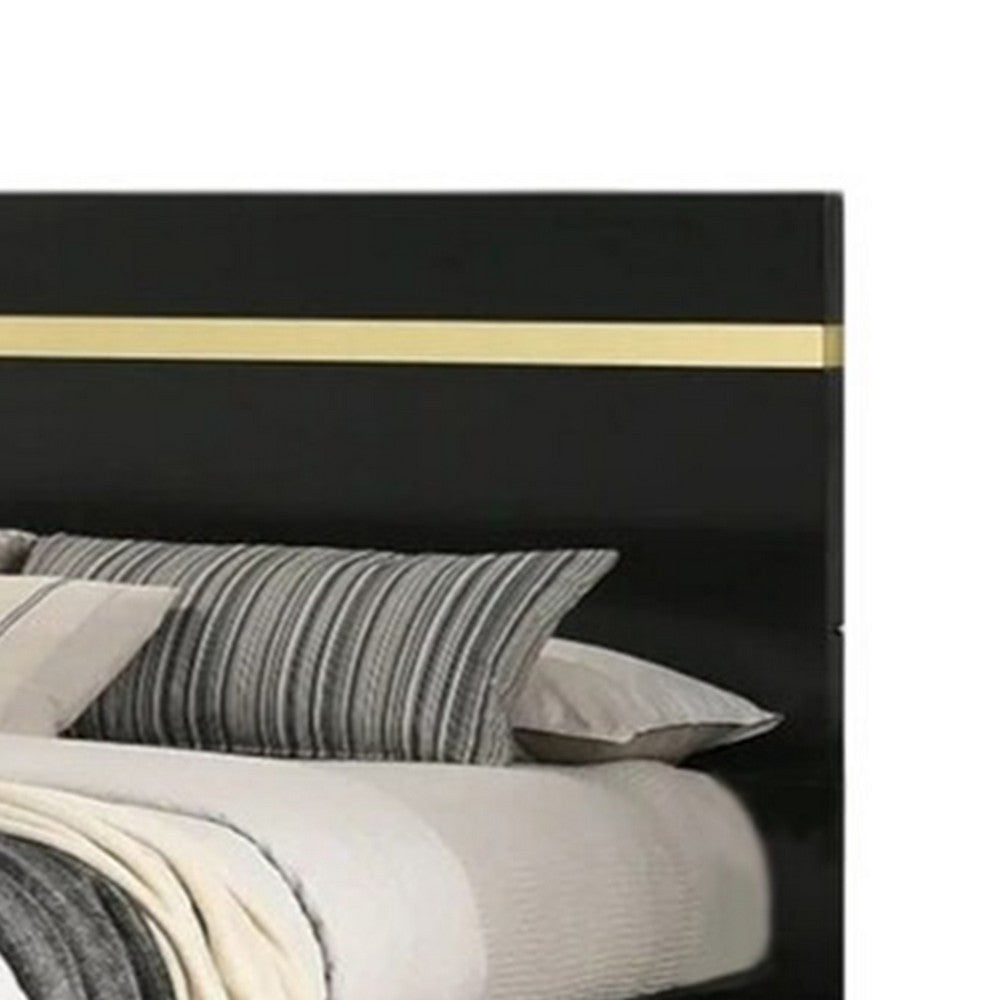Yoki Queen Size Bed w Underbed LED, Acrylic Gold Trim, Black Frame - BM342350
