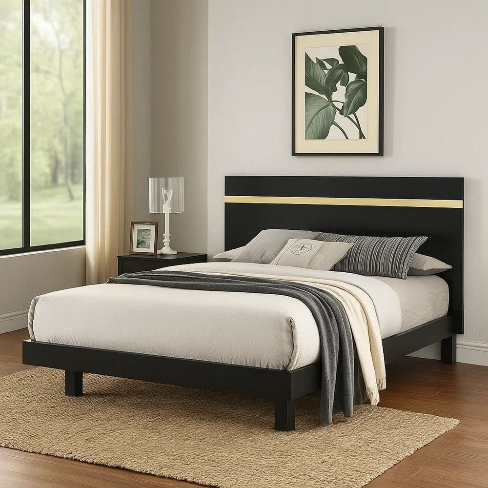 Yoki Queen Size Bed w Underbed LED, Acrylic Gold Trim, Black Frame - BM342350