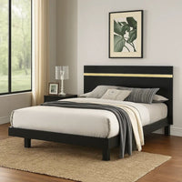 Yoki Queen Size Bed w Underbed LED, Acrylic Gold Trim, Black Frame - BM342350