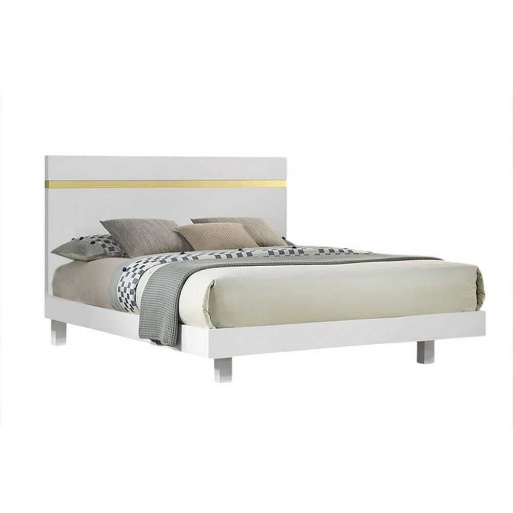 Yoki Queen Size Bed w Underbed LED, Acrylic Gold Trim, White Frame - BM342353