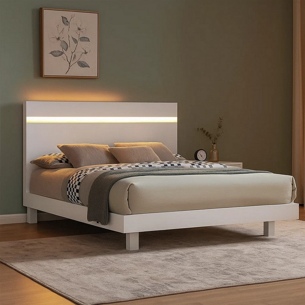 Yoki Queen Size Bed w Underbed LED, Acrylic Gold Trim, White Frame - BM342353