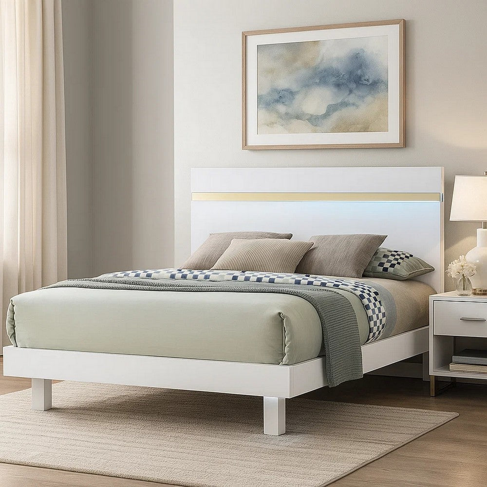 Yoki Queen Size Bed w Underbed LED, Acrylic Gold Trim, White Frame - BM342353