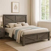 Bry Queen Size Bed w Chevron Panel Headboard, Rustic Gray Wood Frame - BM342355
