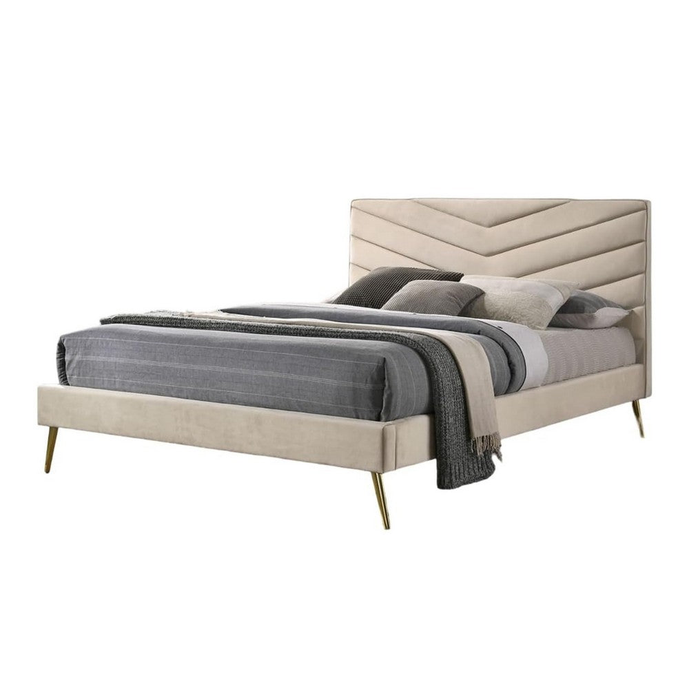 Vevy Full Size Bed, Chevron Tufted Beige Flannelette Upholstery - BM342365